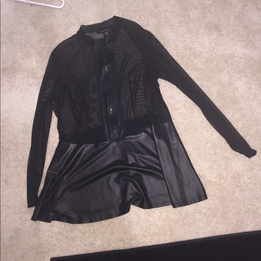 Cute peplum mesh and faux leather top